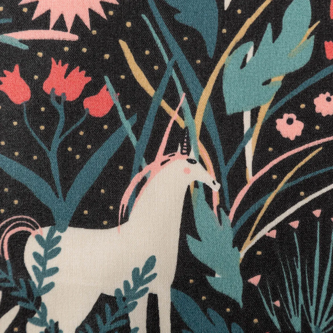 Tischdeckenstoff abwaschbar Baumwollstoff beschichtet AZORA Einhorn Blumen schwarz bunt 1,45m Breite