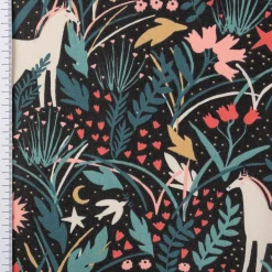 Tischdeckenstoff abwaschbar Baumwollstoff beschichtet AZORA Einhorn Blumen schwarz bunt 1,45m Breite