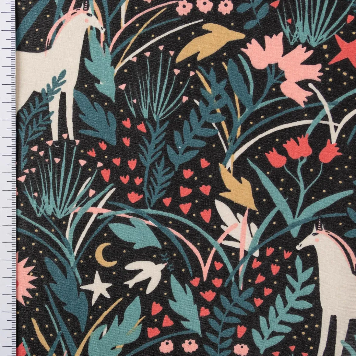 Tischdeckenstoff abwaschbar Baumwollstoff beschichtet AZORA Einhorn Blumen schwarz bunt 1,45m Breite