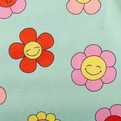 Tischdeckenstoff abwaschbar Baumwollstoff beschichtet HAPPY FLOWERS lachende Blumen mint grün rosa gelb 1,45m Breite