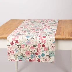 Tischläufer aus Baumwolle Digitaldruck Aquarell Blüten weiß rosa blau 40x160cm von SCHÖNER LEBEN.
