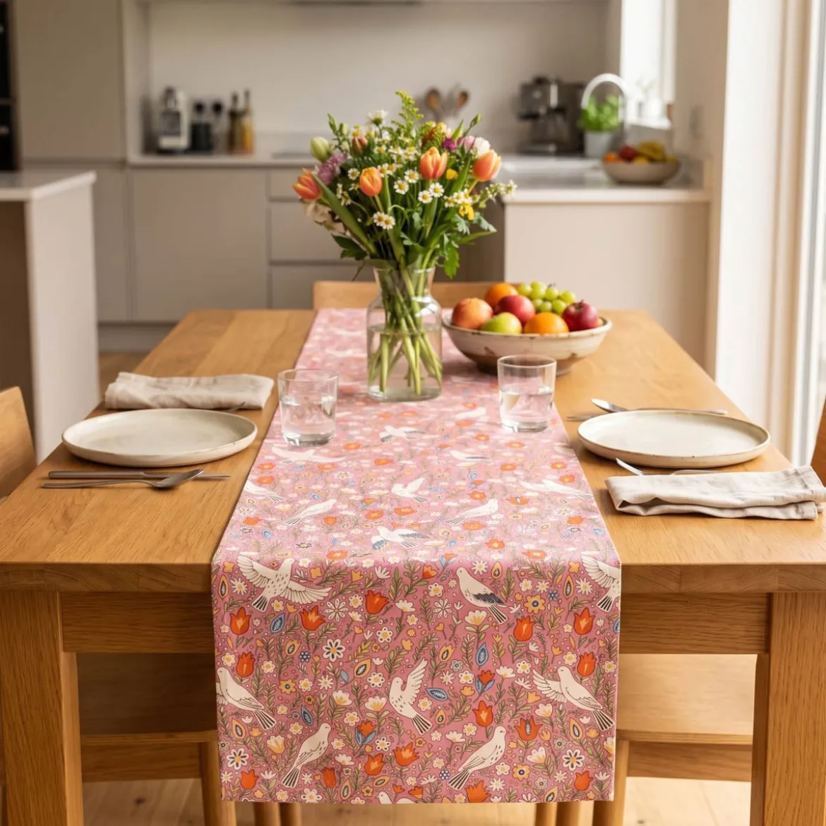 Tischläufer aus Baumwolle mit Blumen und Tauben rosa bunt 40x160cm von SCHÖNER LEBEN.