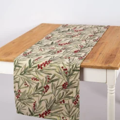 Tischläufer Gobelin Mistelzweige mit Beeren und goldfarbigen Lurexeffekten beige rot grün 4 0x160cm von SCHÖNER LEBEN.