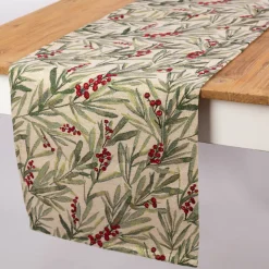 Tischläufer Gobelin Mistelzweige mit Beeren und goldfarbigen Lurexeffekten beige rot grün 4 0x160cm von SCHÖNER LEBEN.