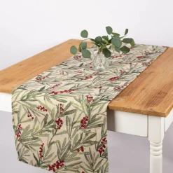 Tischläufer Gobelin Mistelzweige mit Beeren und goldfarbigen Lurexeffekten beige rot grün 4 0x160cm von SCHÖNER LEBEN.