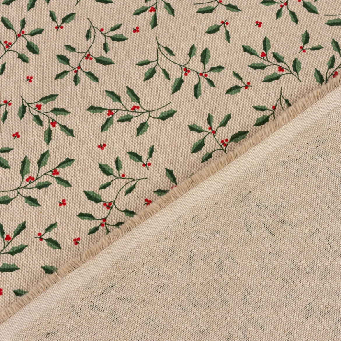 Tischläufer Little Holly Branch Stechpalmenzweige im Leinenlook natur grün 40x160cm von SCHÖNER LEBEN.