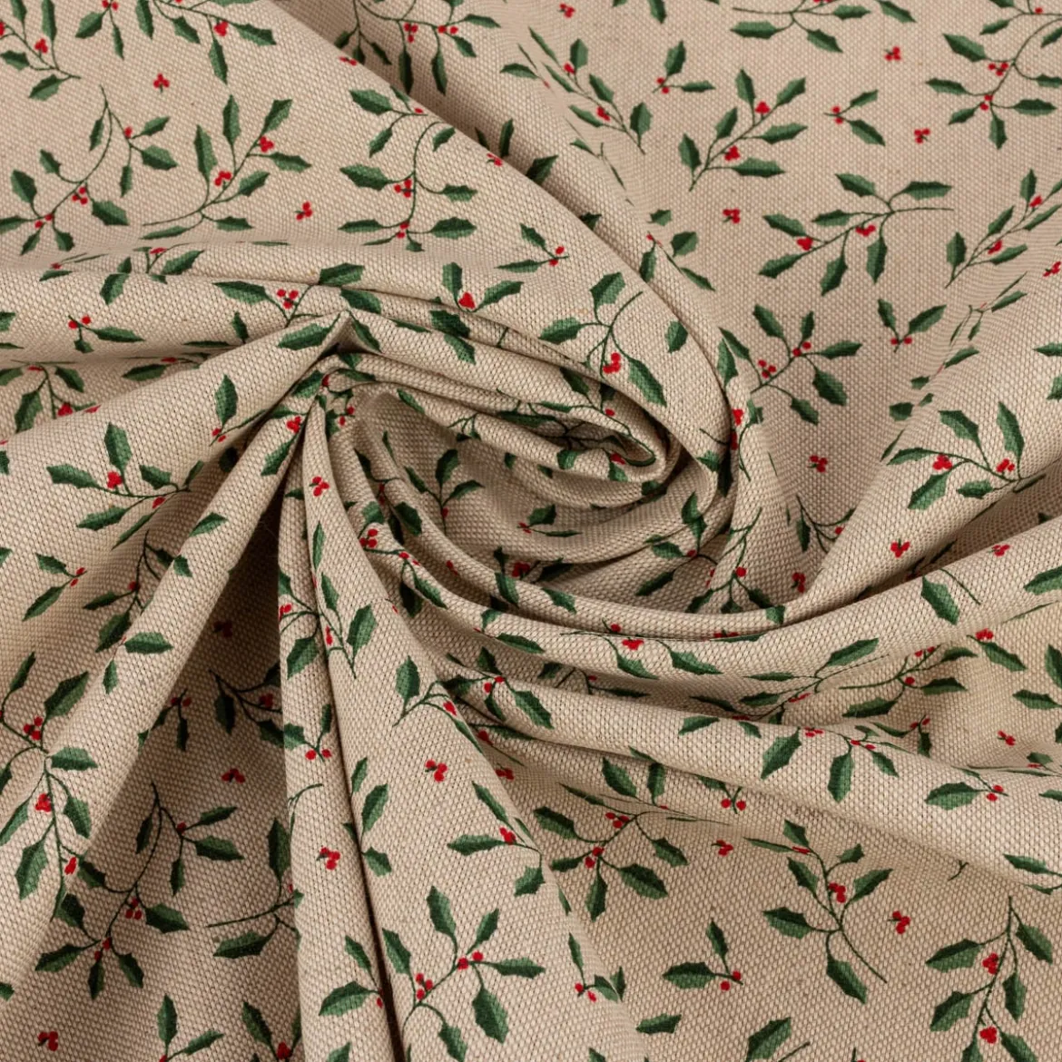 Tischläufer Little Holly Branch Stechpalmenzweige im Leinenlook natur grün 40x160cm von SCHÖNER LEBEN.