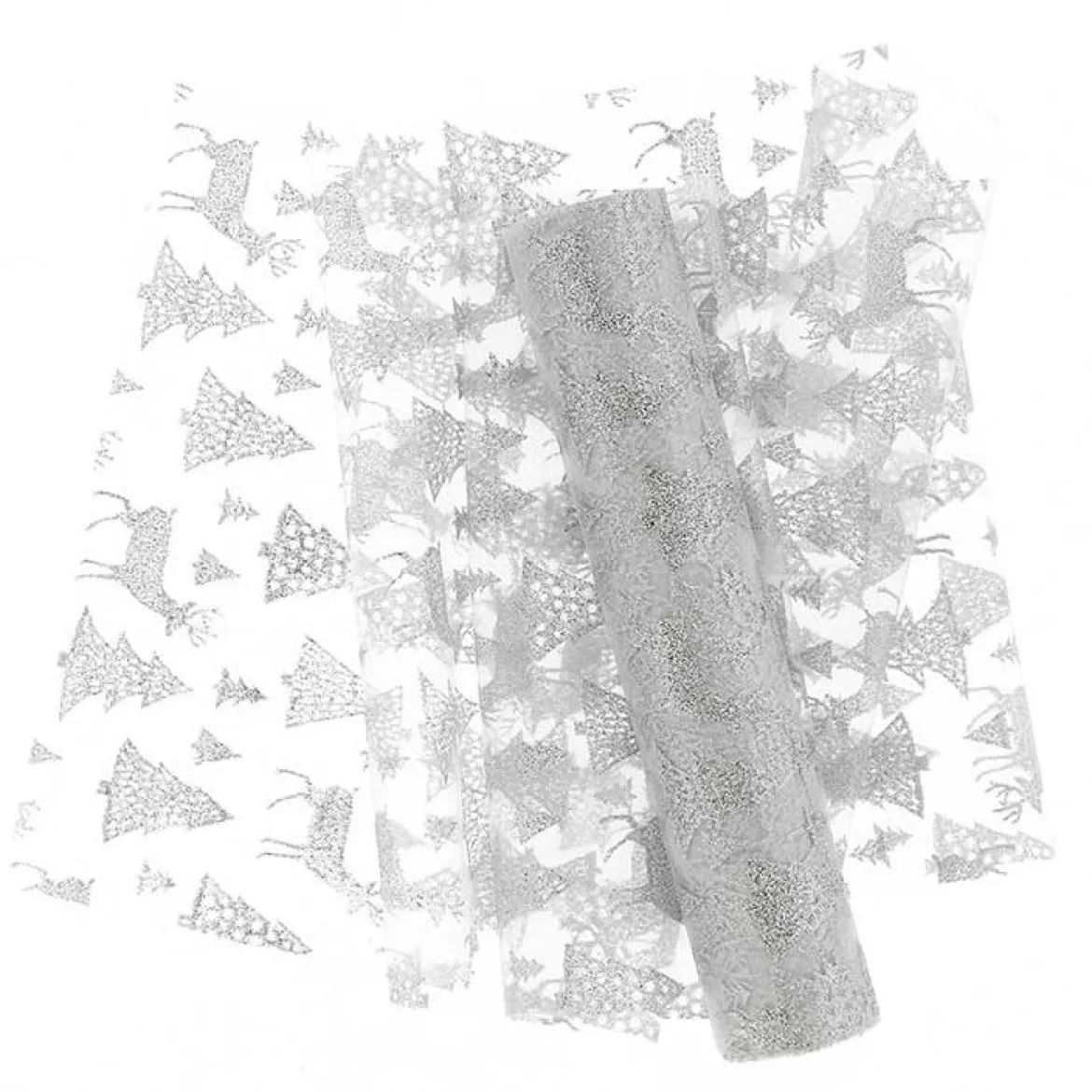 Tischläufer Tischband Organza mit glitzernden Tannen und Hirschen weiß silberfarbig 28x300m