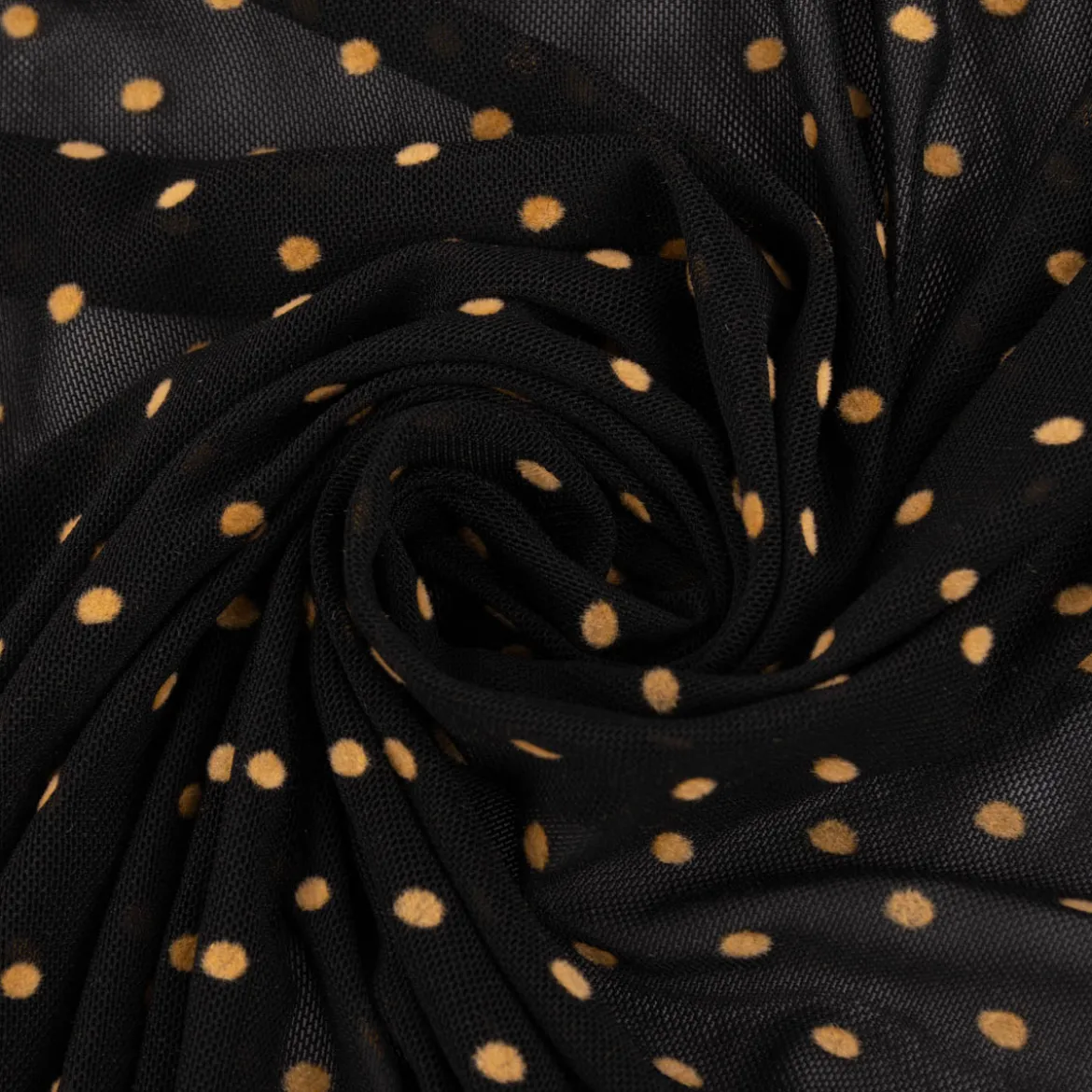 Tüll Mesh Stretch extraweich mit Flock Punkte schwarz ocker 1,4m Breite