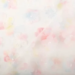 Tüllstoff 3D Blüten mit Perlen weiß hellblau rosa gelb 1,4m Breite