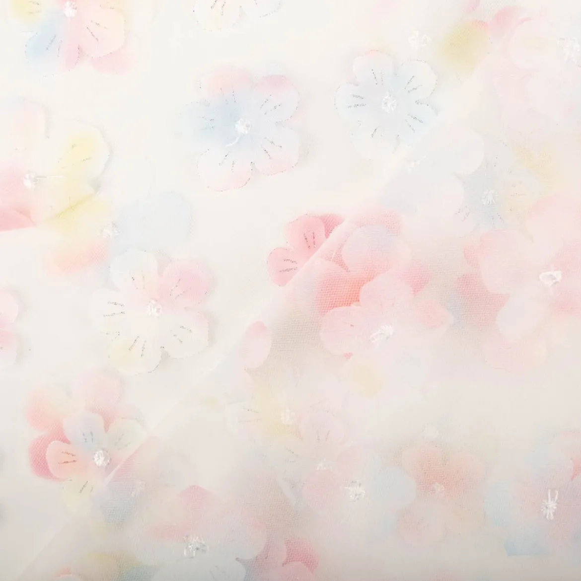 Tüllstoff 3D Blüten mit Perlen weiß hellblau rosa gelb 1,4m Breite