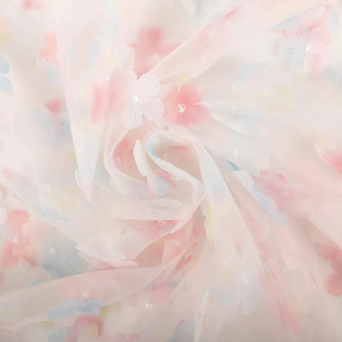 Tüllstoff 3D Blüten mit Perlen weiß hellblau rosa gelb 1,4m Breite