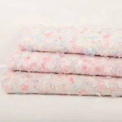 Tüllstoff 3D Blüten mit Perlen weiß hellblau rosa gelb 1,4m Breite
