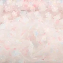 Tüllstoff 3D Blüten mit Perlen weiß hellblau rosa gelb 1,4m Breite