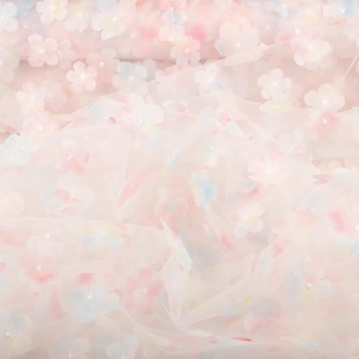 Tüllstoff 3D Blüten mit Perlen weiß hellblau rosa gelb 1,4m Breite