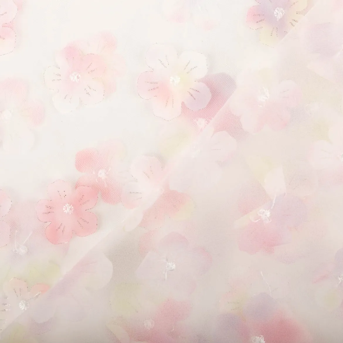 Tüllstoff 3D Blüten mit Perlen weiß rosa flieder gelb 1,4m Breite