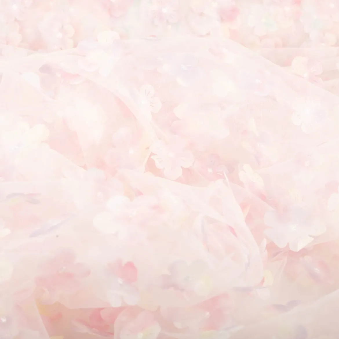 Tüllstoff 3D Blüten mit Perlen weiß rosa flieder gelb 1,4m Breite