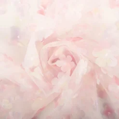 Tüllstoff 3D Blüten mit Perlen weiß rosa flieder gelb 1,4m Breite