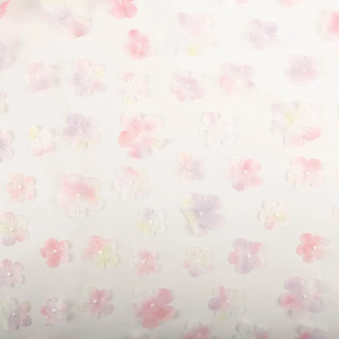 Tüllstoff 3D Blüten mit Perlen weiß rosa flieder gelb 1,4m Breite