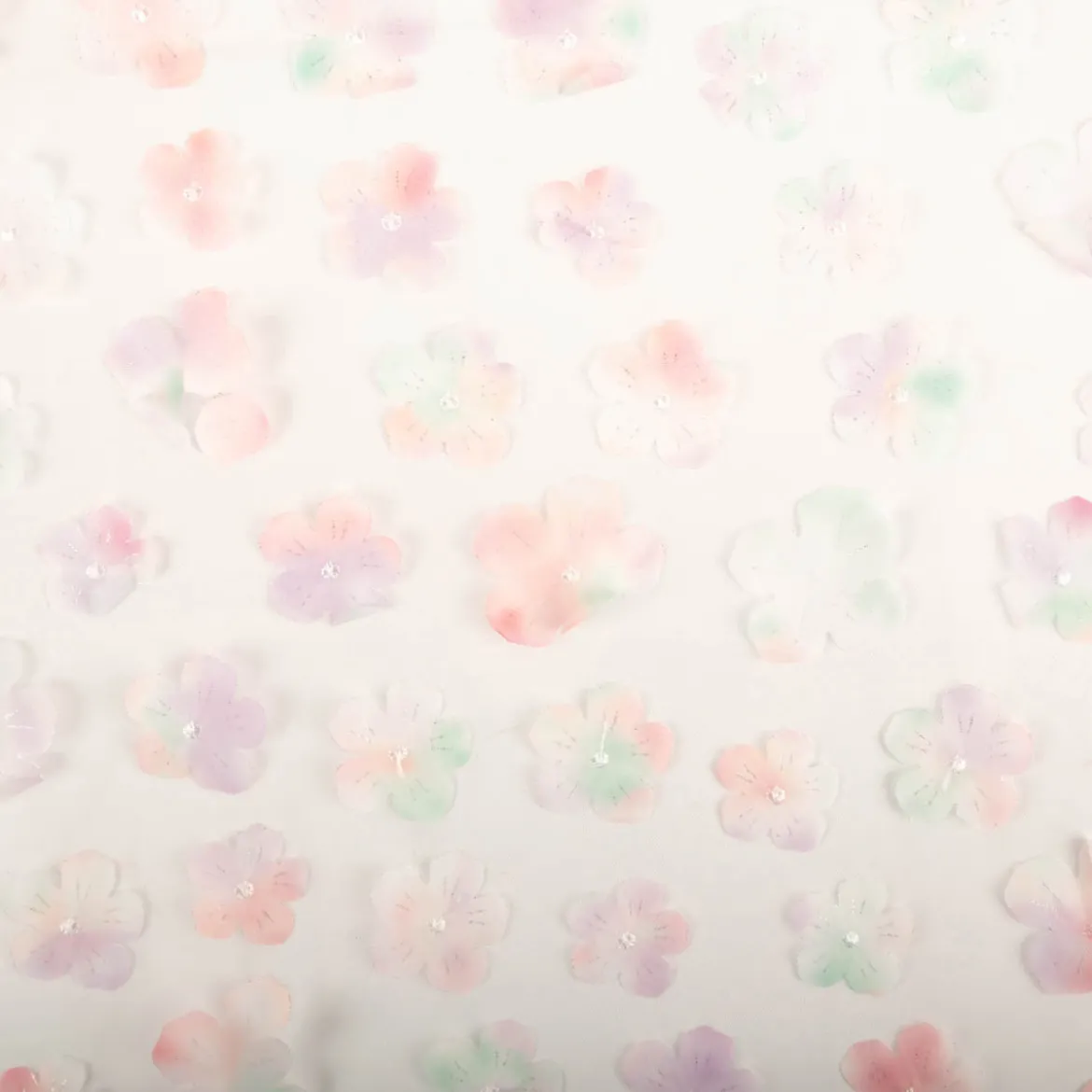 Tüllstoff 3D Blüten mit Perlen weiß flieder mint rosa 1,4m Breite