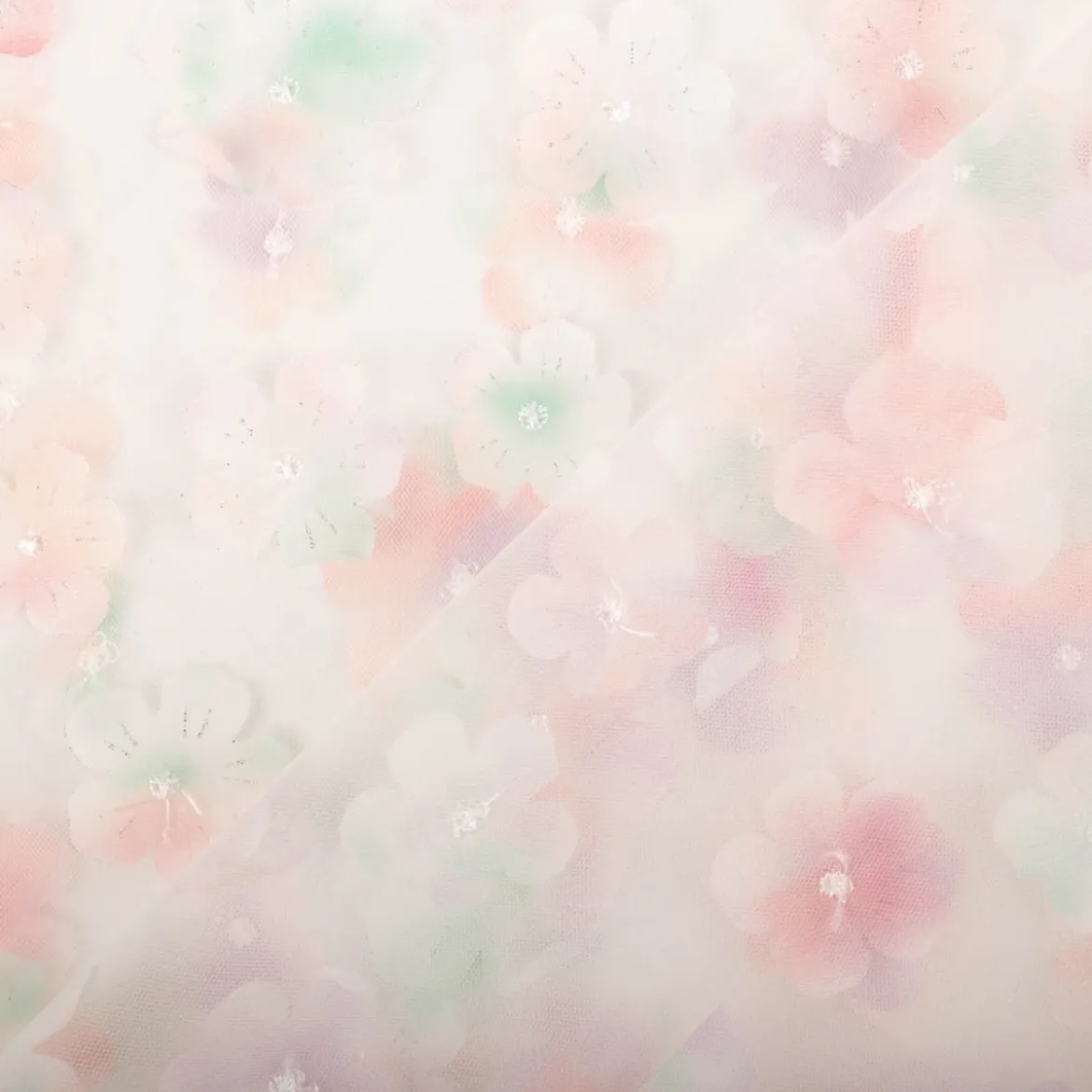 Tüllstoff 3D Blüten mit Perlen weiß flieder mint rosa 1,4m Breite