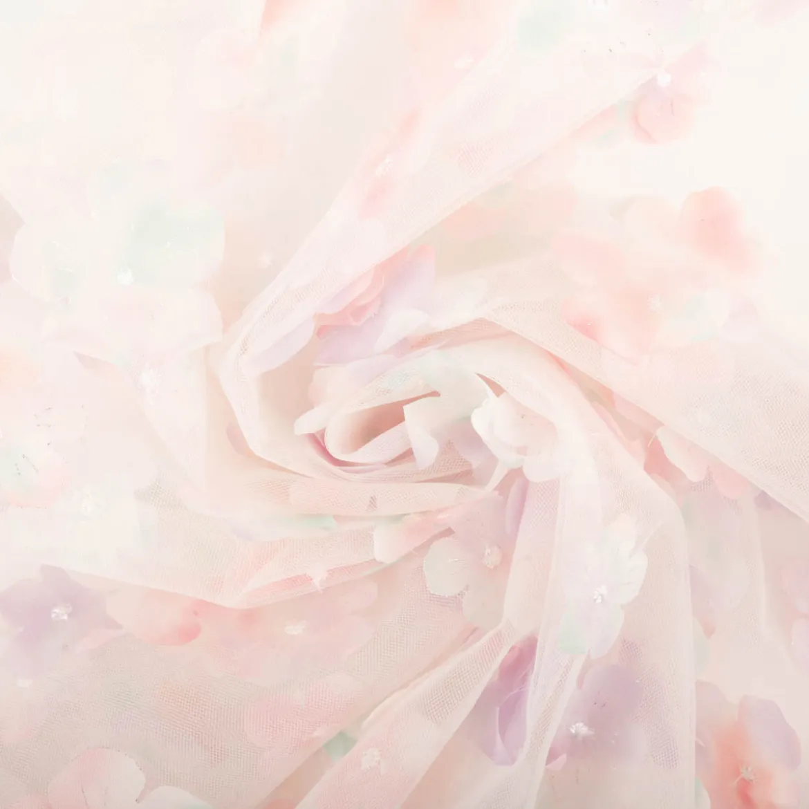 Tüllstoff 3D Blüten mit Perlen weiß flieder mint rosa 1,4m Breite