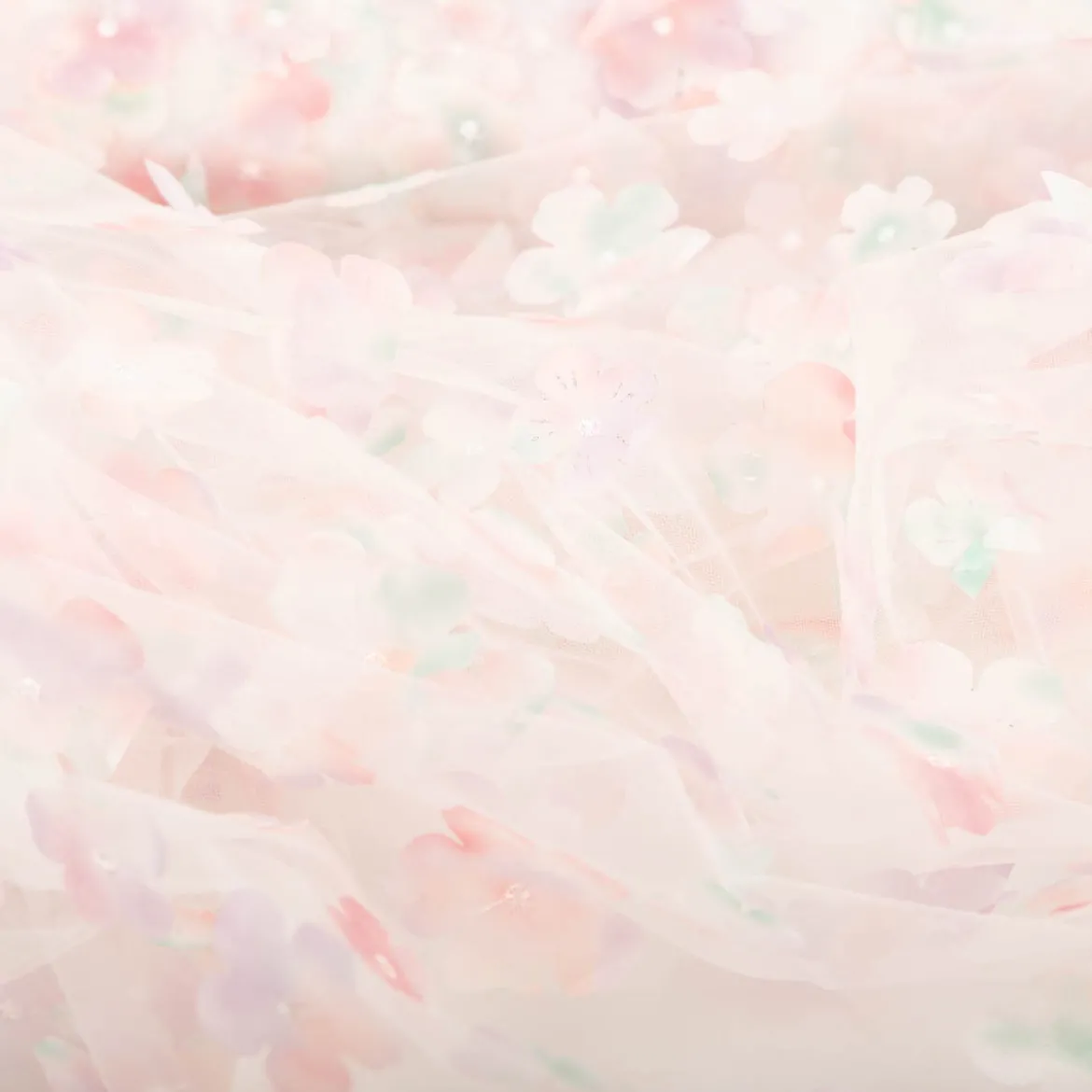 Tüllstoff 3D Blüten mit Perlen weiß flieder mint rosa 1,4m Breite