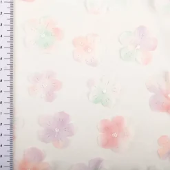 Tüllstoff 3D Blüten mit Perlen weiß flieder mint rosa 1,4m Breite