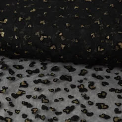Tüllstoff Softtüll Flock Hearts Gitzerherzchen schwarz goldfarbig 1,50m Breite