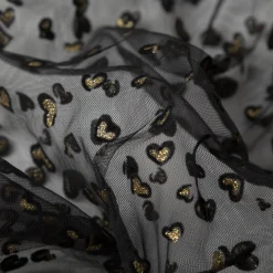 Tüllstoff Softtüll Flock Hearts Gitzerherzchen schwarz goldfarbig 1,50m Breite