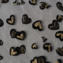 Tüllstoff Softtüll Flock Hearts Gitzerherzchen schwarz goldfarbig 1,50m Breite