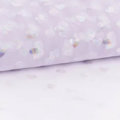 Tüllstoff Softtüll Rainbow Hearts Foliendruck Gitzerherzchen lila 1,50m Breite