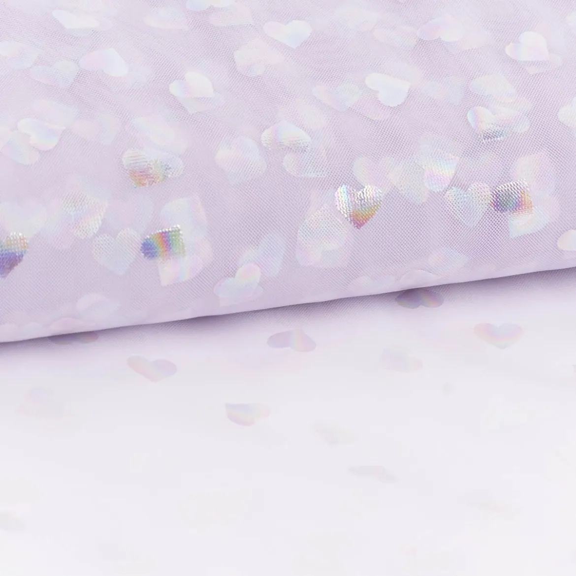 Tüllstoff Softtüll Rainbow Hearts Foliendruck Gitzerherzchen lila 1,50m Breite