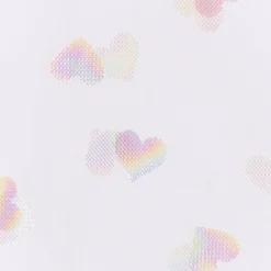 Tüllstoff Softtüll Rainbow Hearts Foliendruck Gitzerherzchen lila 1,50m Breite