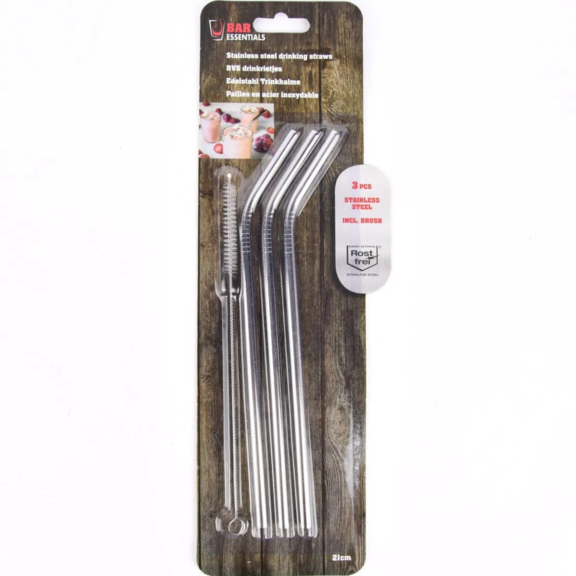 Trinkhalm 3er Set mit Reinigungsbürste Edelstahl 21cm