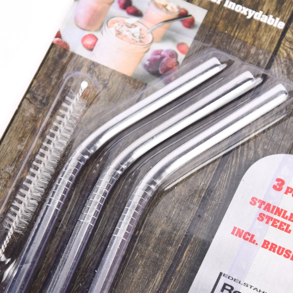 Trinkhalm 3er Set mit Reinigungsbürste Edelstahl 21cm