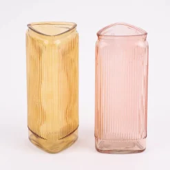 Vase Dekovase Glas dreieckig mit Rillen rosa 10,5x20cm