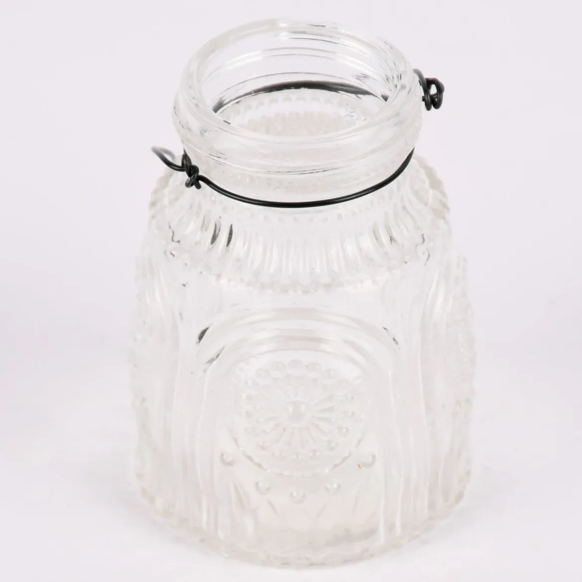 Vase Laterne geprägt Mandala Glas mit Henkel aus Draht klar 5,5x8cm