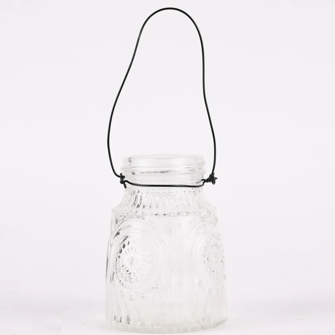 Vase Laterne geprägt Mandala Glas mit Henkel aus Draht klar 5,5x8cm