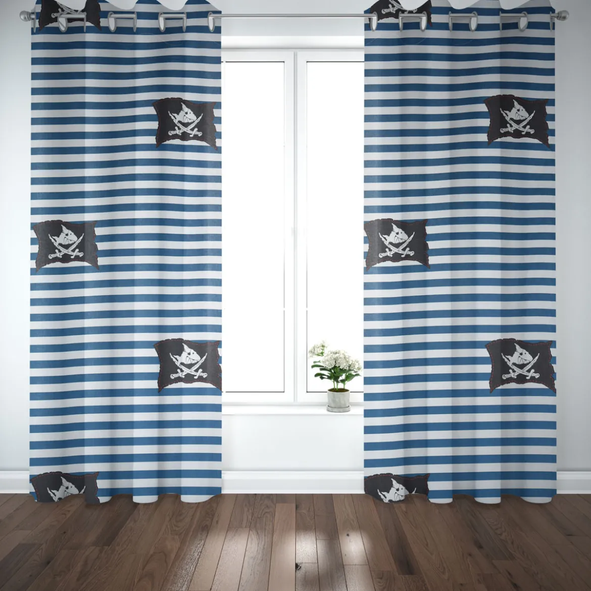 Villa Coppenrath Capt´n Sharky Dekostoff Baumwollstoff Gardinenstoff Meterware Streifen Piratenflagge blau weiß 140cm