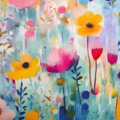 Viskose Jersey Stoff mit Digitaldruck Aquarellblumen blau gelb rosa 1,5m Breite