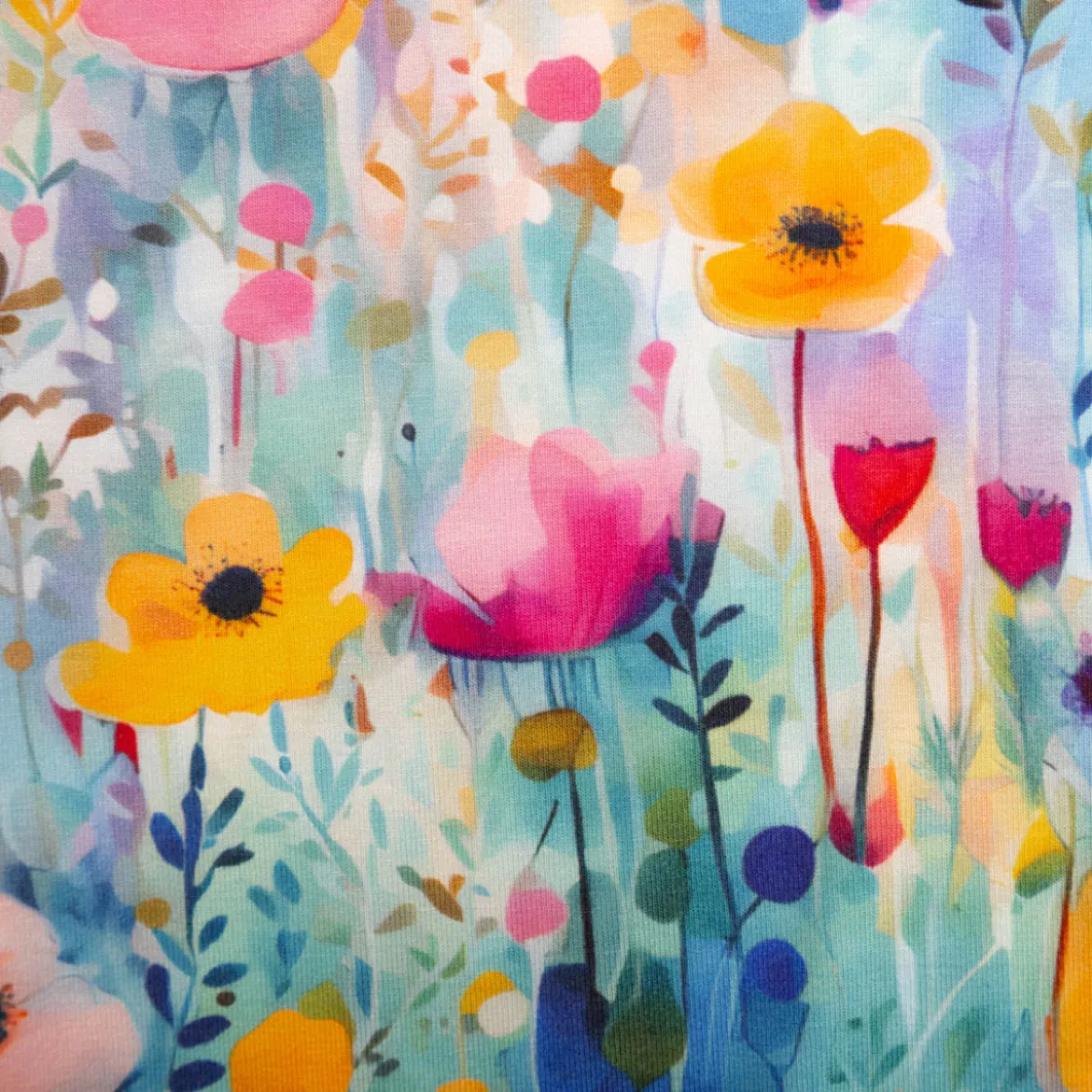 Viskose Jersey Stoff mit Digitaldruck Aquarellblumen blau gelb rosa 1,5m Breite