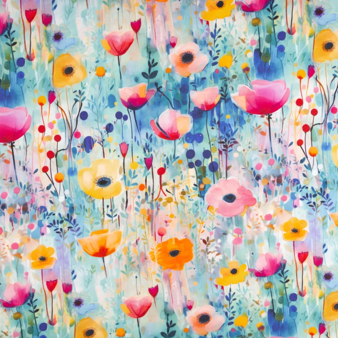 Viskose Jersey Stoff mit Digitaldruck Aquarellblumen blau gelb rosa 1,5m Breite