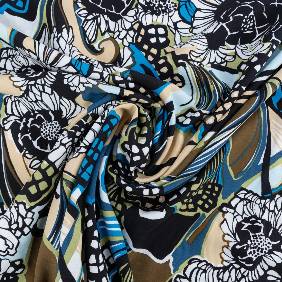 Viskose Popeline Stoff Retro Blumen blau grün 1,44m Breite