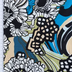 Viskose Popeline Stoff Retro Blumen blau grün 1,44m Breite