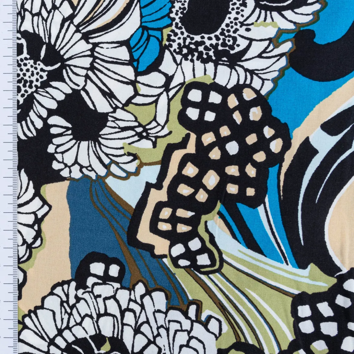 Viskose Popeline Stoff Retro Blumen blau grün 1,44m Breite