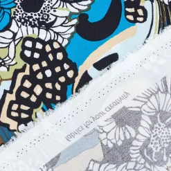 Viskose Popeline Stoff Retro Blumen blau grün 1,44m Breite