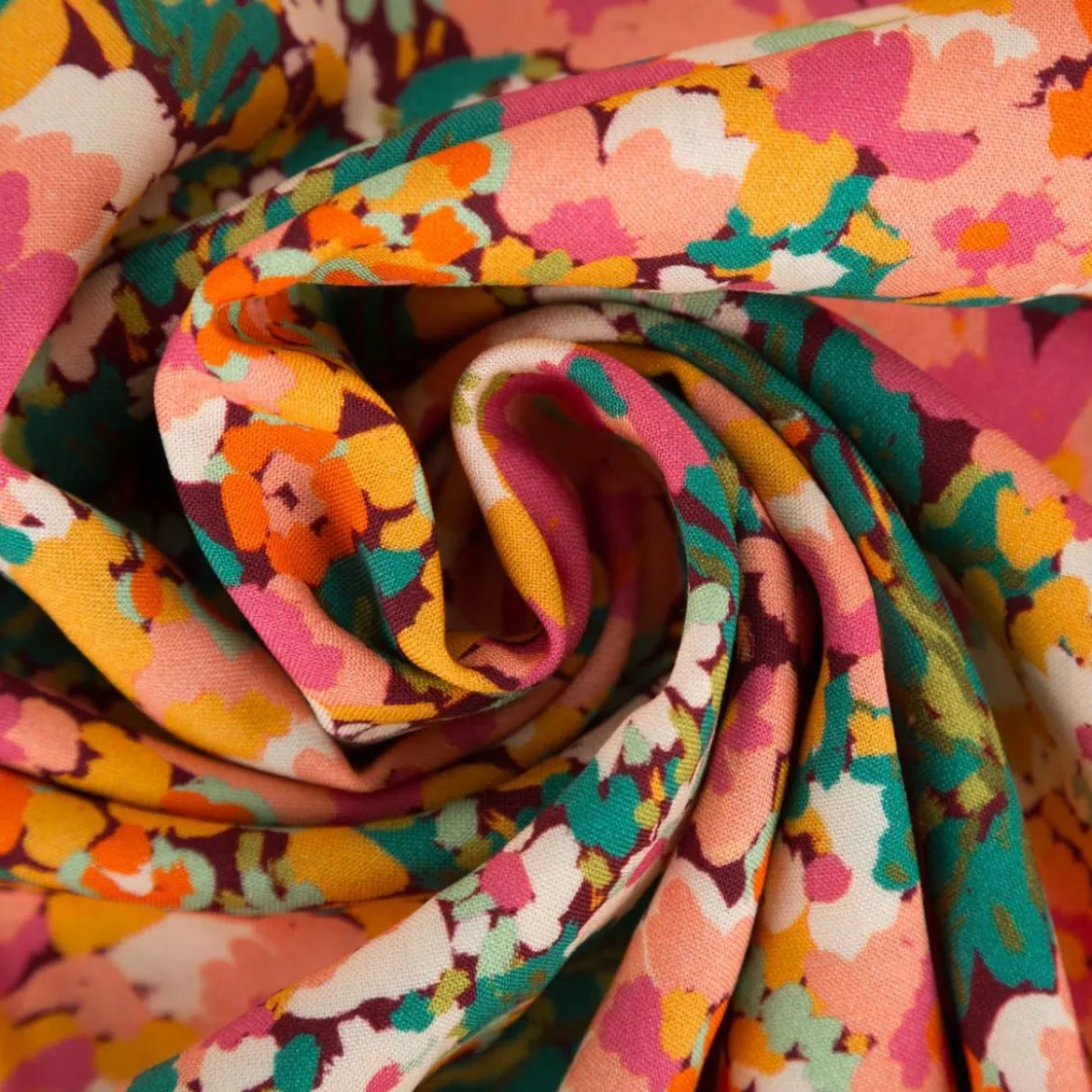 Viskose Stoff für Bekleidung Silene abstrakte Blümchen rosa bunt 1,45m Breite