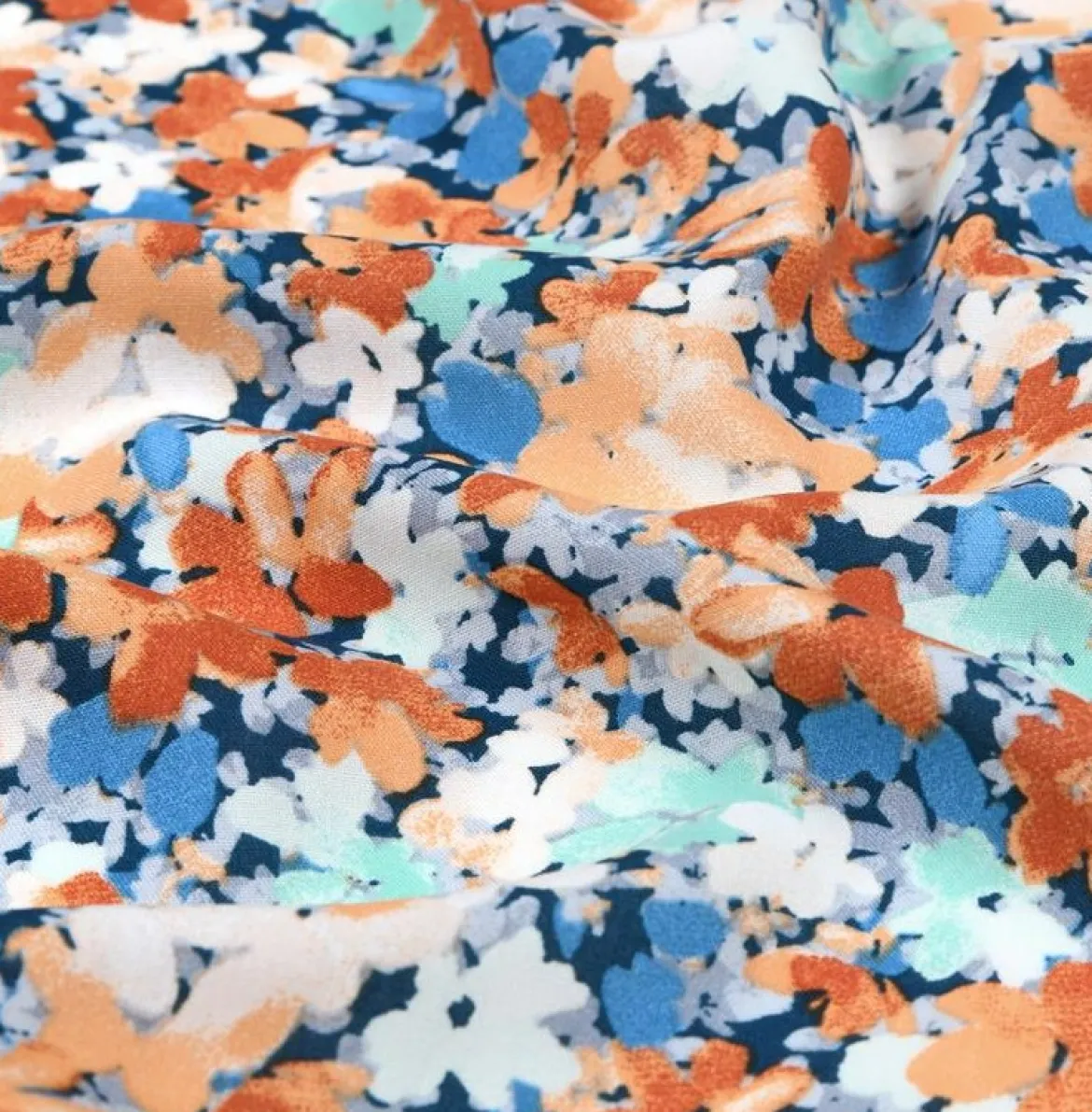 Viskose Stoff für Bekleidung Talula Allover Blüten blau orange 1,50m Breite