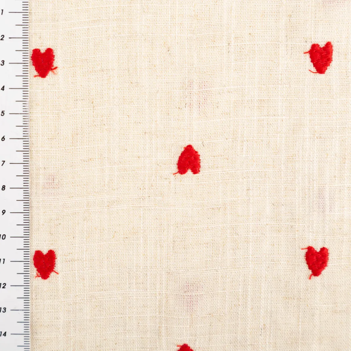Viskose Stoff Leinenstoff bestickt Herzchen natur rot 1,30m Breite
